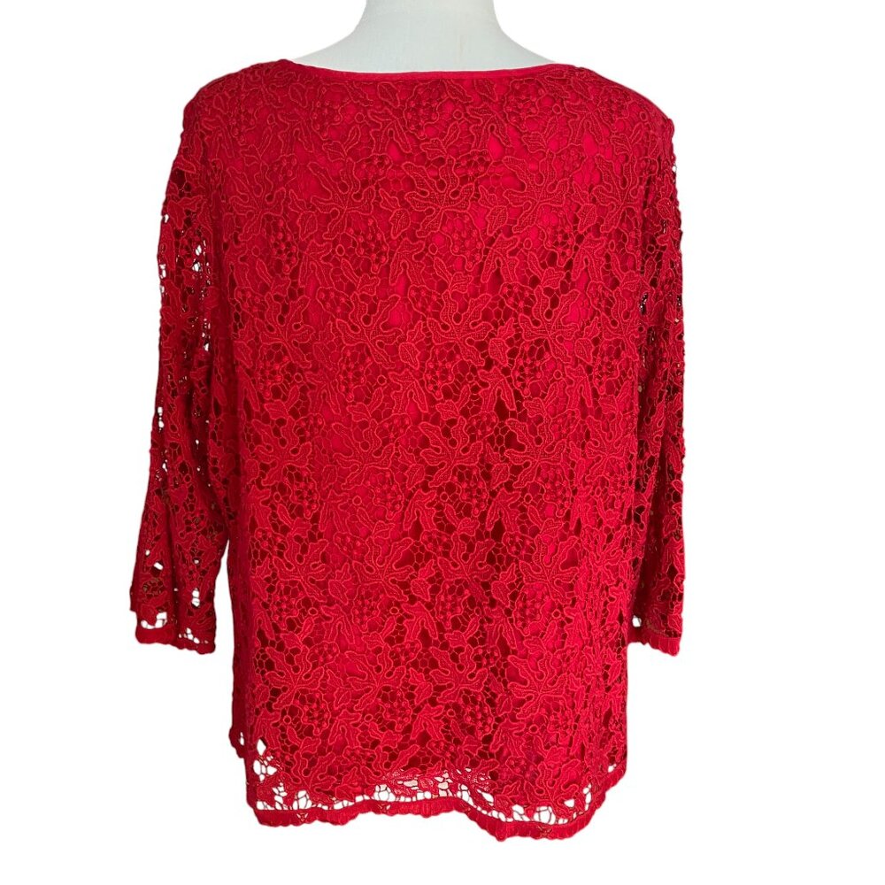 Talbots Red Scroll Floral Lace Overlay Top 3/4 Sleeve Scalloped Whimsigoth-18W - Picture 11 of 15